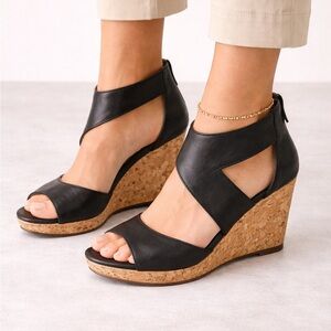 Nine West Black Leather Cork Wedge Sandals Peep Toe Platform Heel Shoes Size 8.5